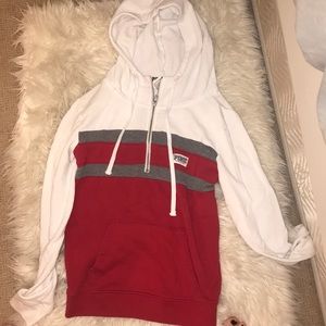 PINK hoodie with red and grey stripes